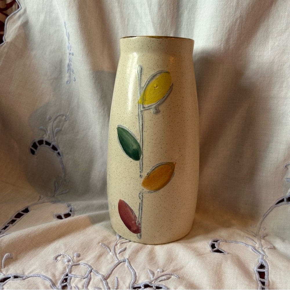 Small Levco Cream Vase Colorful Leaf Design Japan
